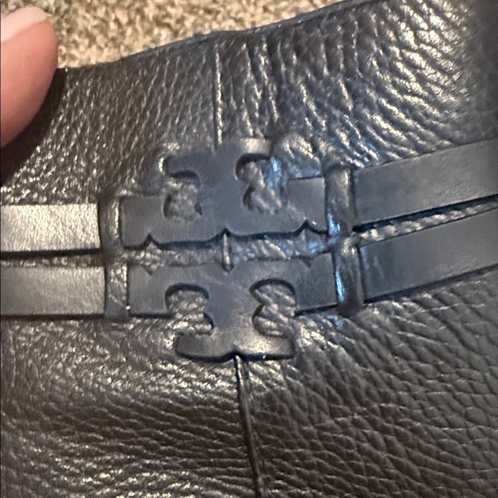 Tory Burch Black Leather Block Heel Ankle Boot with Logo Strap - Picture 4 of 7